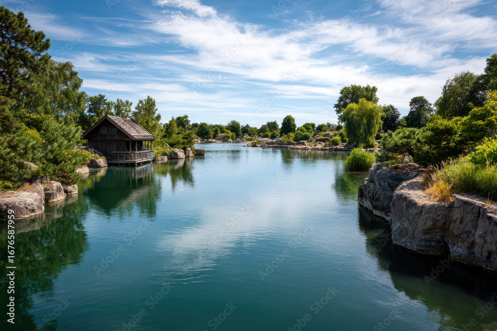 Fototapeta premium tranquil summer landscape depicting calm lakes reflecting single structure nestled in nature