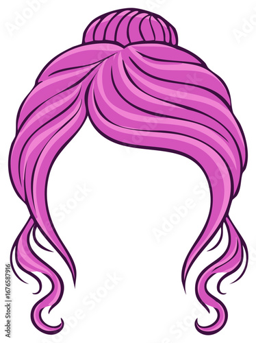 Pink Hair Style with Bun and Curled Strands Beautiful and Elegant Cartoon Vector