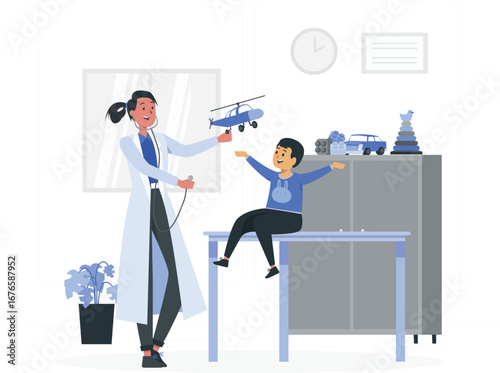 Friendly pediatrician character design with medical icons