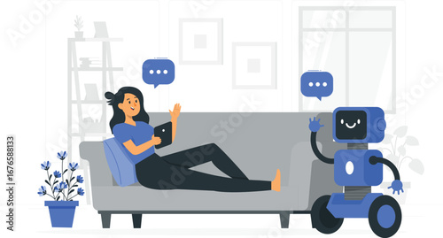 People interacting with robots in a modern setting