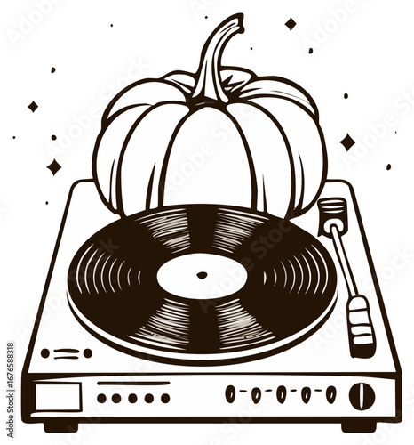 Line Art Turntable Spinning a Vinyl Record with a Pumpkin on Top for Autumn Vibes