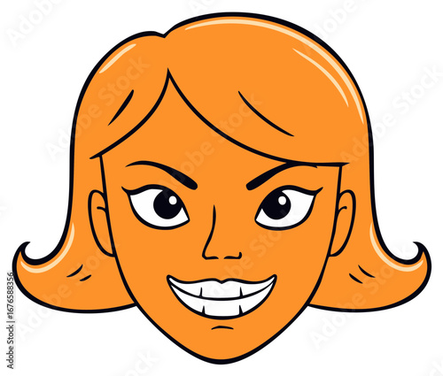 Smiling woman face illustration with orange skin and hair in a comic book style