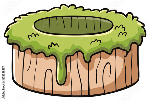 Cartoon Illustration of a Decorative Round Flower Planter with Greenery