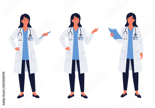Illustrations of a female medical professional demonstrating various poses and actions with diagnostic tools