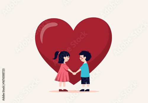 Young boy and girl holding hands in front of a giant red heart representing love and connection