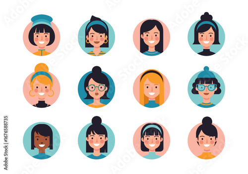 Diverse collection of twelve female portraits in circular frames showcasing variety of styles