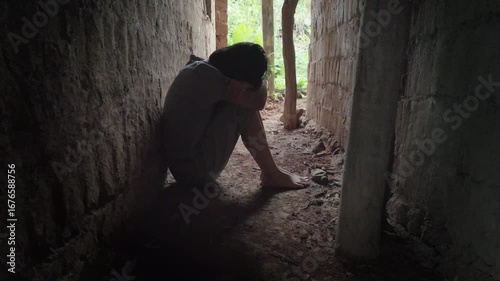 A poor young girl sits in the dark miserable alley of on old house
