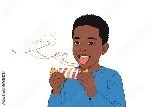 A young boy enjoys a sweet treat while experiencing its delicious aroma on a bright sunny day