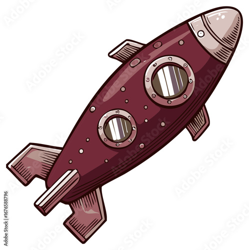 Whimsical burgundy rocket ship with rivets and portholes in cartoon style, a retro futuristic space travel adventure