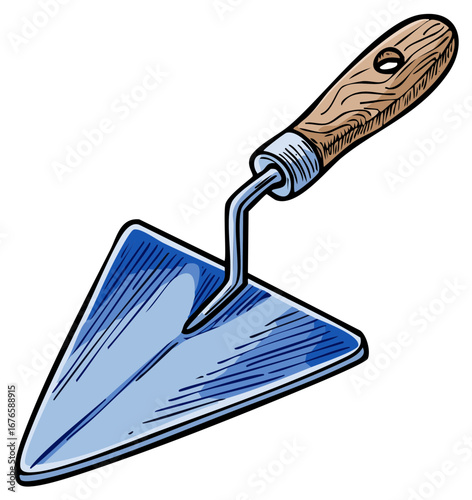 Illustrated trowel construction hand tool with wooden handle and blue blade isolated