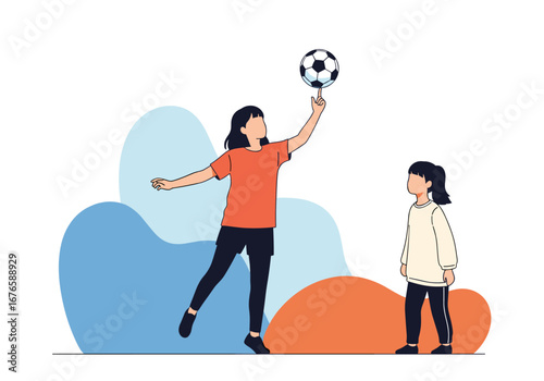 Two young girls enjoying a soccer ball activity together outdoors during a bright sunny day