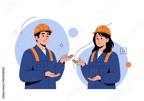 Two construction workers wearing hard hats and safety vests discussing a project while gesturing with their hands on a blue background with abstract shapes and dashed lines connecting them