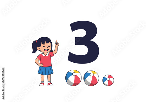 A small girl points to a large number three next to three colorful beach balls of different sizes illustrating the concept of counting and size comparison for young children