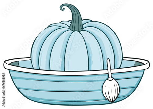 A whimsical light blue pumpkin illustration resting inside a matching blue rowboat with an oar
