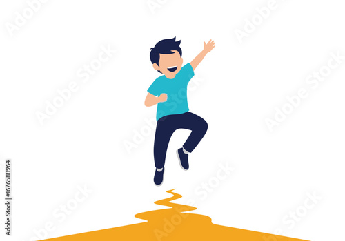 Joyful young boy jumping high with arms raised in celebration of a successful journey forward