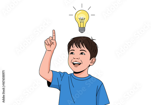 Young boy happily points upwards with a bright idea light bulb illuminating his head symbolizing innovation and inspiration for creative solutions and problem solving
