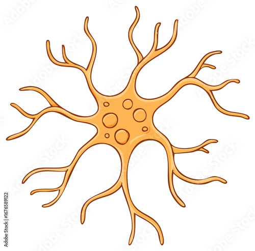 Illustrated Neuron Cell with Dendrites in Detail, Highlighting Brain Activity and Nerve Communication