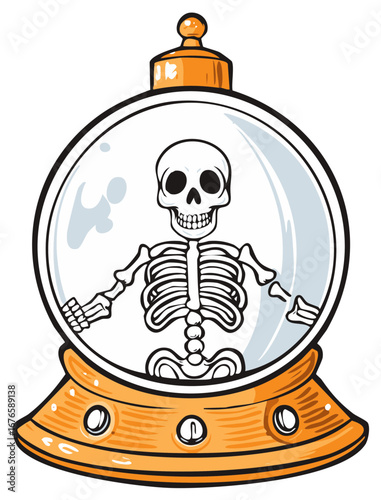 Skeleton trapped inside a decorative glass sphere with an orange base