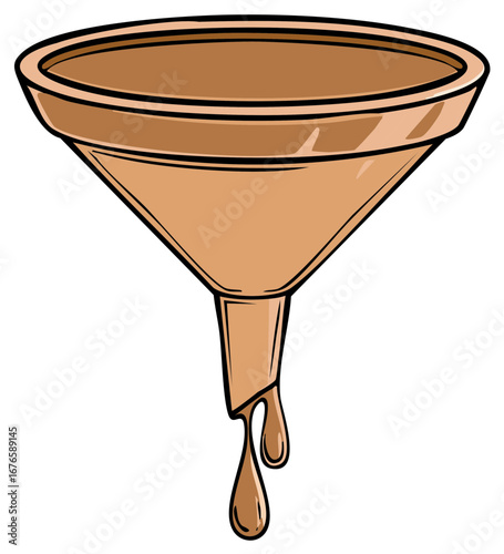 Funnel Pouring Liquid Drips Illustration Isolated Brown Liquid Transfer Process