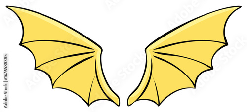 Vibrant yellow cartoon style pair of fantasy mythical creature wings graphic illustration