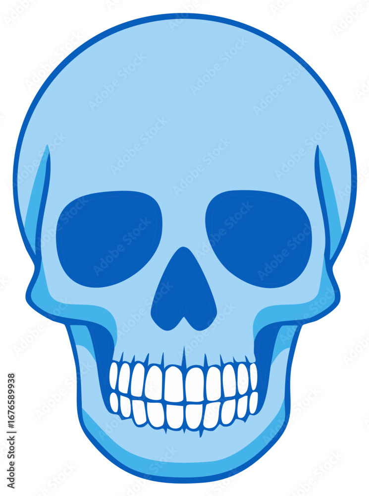Fototapeta premium Stylized light blue human skull graphic with dark blue eye sockets and nose