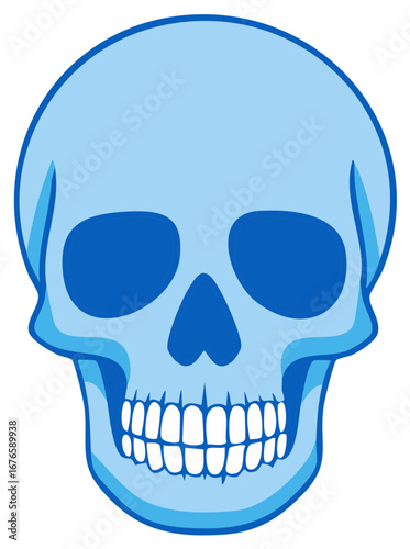 Stylized light blue human skull graphic with dark blue eye sockets and nose