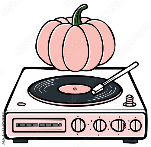 Autumnal Vibes: Pink Pumpkin on Retro Vinyl Record Player with Stylized Fall Music