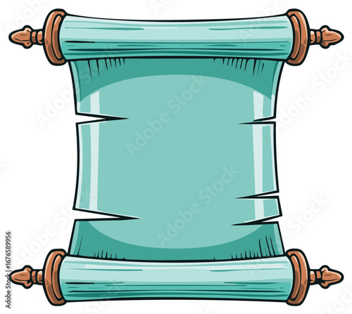 Cartoon Scroll With Wooden Ends and Ripped Edges Teal Paper