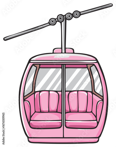 Cartoon pink cable car cabin with seats and overhead cable system