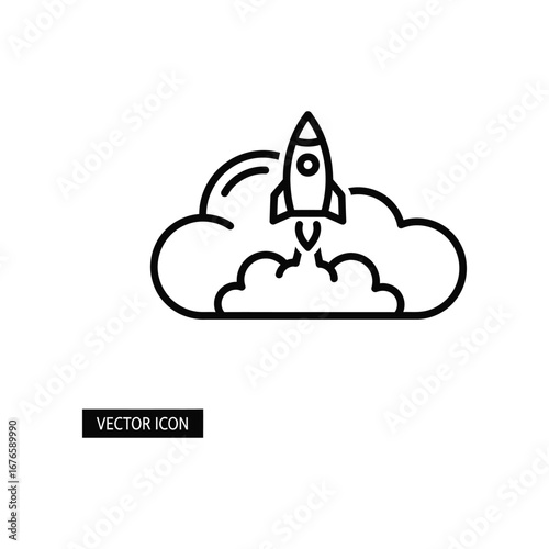 Rocket Ascending into the Cloud: A streamlined rocket takes off, its engines igniting, leaving a trail of smoke as it ventures into the vast unknown, with an elegantly drawn cloud surrounding it.