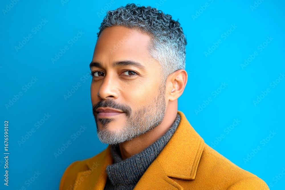 Obraz premium A soft and natural man with a glowing expression. A studio glamour portrait of a confident man. An artistic man expressing confidence in his portrait. A graceful mature man with a modern hairstyl.