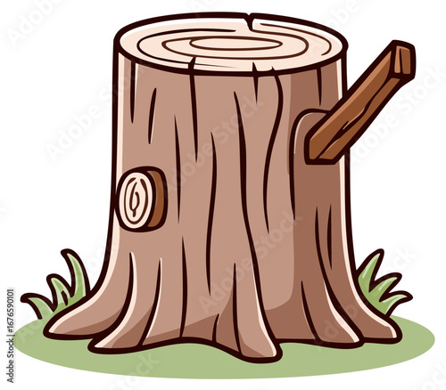 Cartoon tree stump with log and grassy ground, whimsical wood illustration