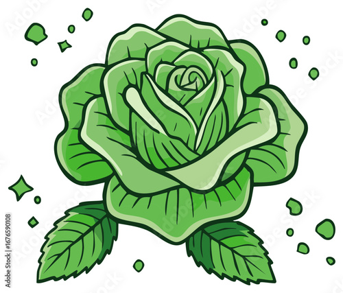 Vibrant green rose illustration with scattered dew drops and sparkling accents