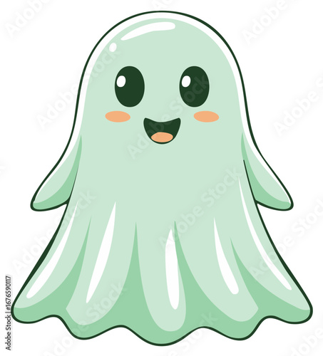 Adorable cartoon ghost smiling and waving. Happy Halloween spirit.