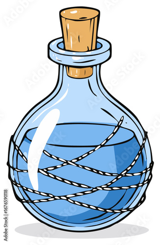 Cartoon style glass flask with a magical blue liquid potion wrapped in a rope net