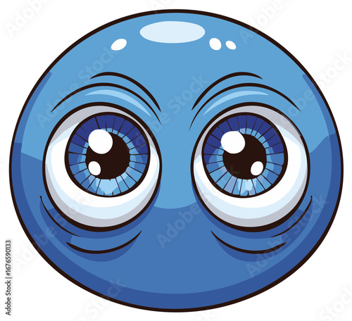 Blue round cartoon face with big wide eyes looking up with surprise