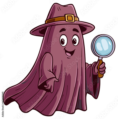 Whimsical purple ghost detective wearing a fedora and holding a magnifying glass