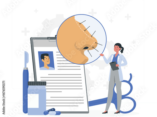 Rhinoplasty surgical illustration with medical icons