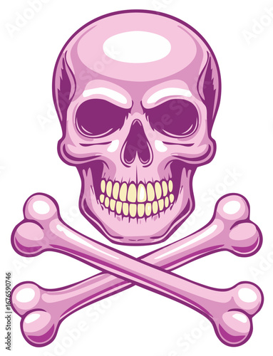 Vibrant pink and purple stylized human skull and crossed bones danger warning illustration