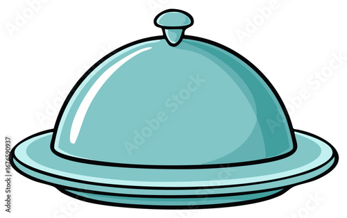 Shiny teal metal serving cloche with handle on a plate presented for food service