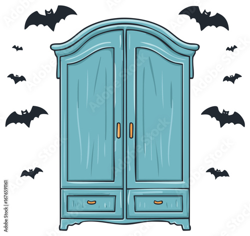 Vintage Blue Wardrobe Surrounded by Flying Bats Illustration