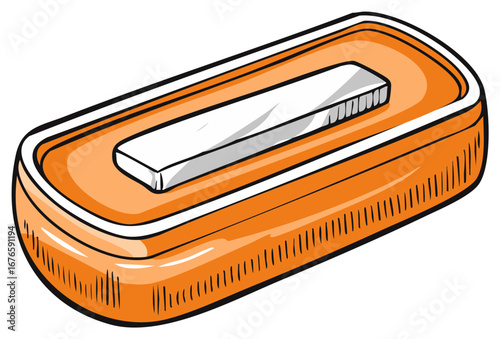 Orange soap dish with white soap illustration for cleanliness in a restroom or bathroom