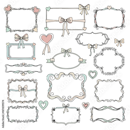 Doodle hand drawn coquette frames with hearts, wavy lines, bows and ribbons. Trendy vintage whimsical borders for wedding invitations, birthday card, prints. Vector modern illustration.
