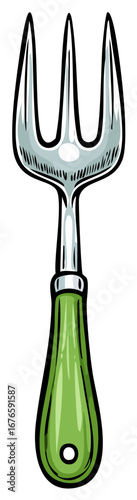 Handheld Gardening Fork Tool with Green Handle and Silver Tines