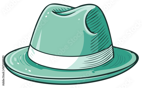 Stylish mint green fedora hat with a white band in a cartoon vector illustration style