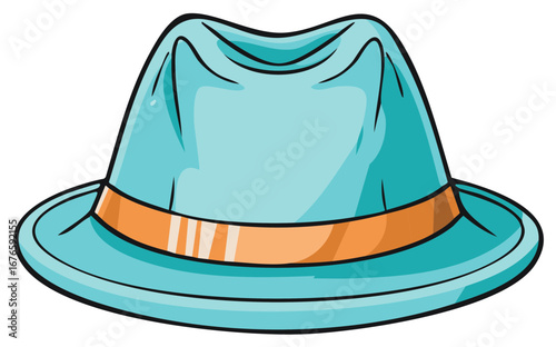 Stylish light blue fedora hat with orange band illustration