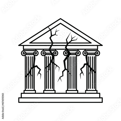 Cracked🏛️ Temple: A visual metaphor of decline and ruin, this illustration depicts a classical temple, its structure compromised by cracks, embodying themes of decay, instability, and vulnerability.