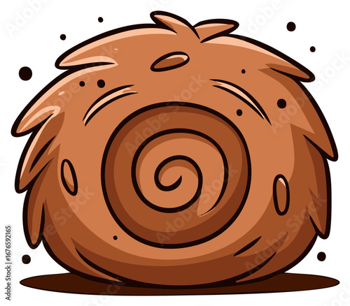 Cartoon illustration of a rolling brown fur ball with a spiral pattern