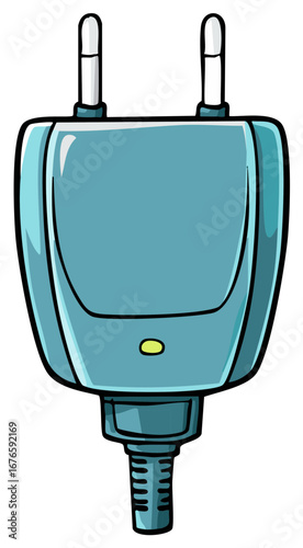 Cartoon-style illustration of an electrical plug with two prongs in aqua and teal colors.