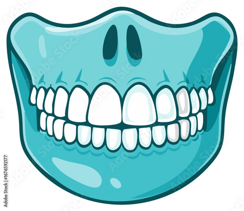 Vibrant cartoon blue jawbone with shiny white teeth comic style dental illustration